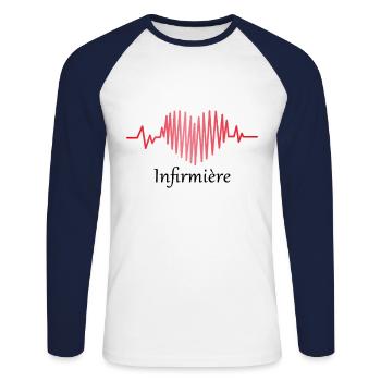 Infirmière - T-shirt baseball manches longues Homme - blanc/marine - Devant - Nik (191cm)