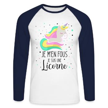 Je M'en Fous Je Suis Une Licorne - T-shirt baseball manches longues Homme - blanc/marine - Devant - Nik (191cm)