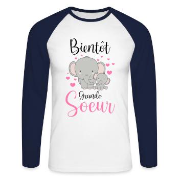 Enfant, Future Grande Soeur Bientôt Grande Soeur - T-shirt baseball manches longues Homme - blanc/marine - Devant - Nik (191cm)