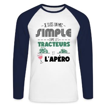 Je Suis Un Mec Simple J'aime Les Tracteurs et L'Ap - T-shirt baseball manches longues Homme - blanc/marine - Devant - Nik (191cm)