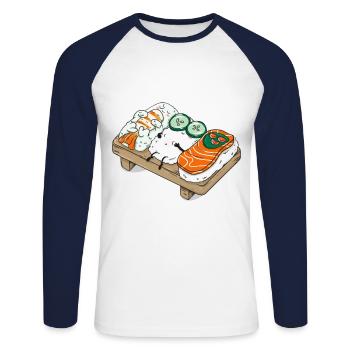 Sushi Japanese Kawaii Anime Drawing Gift - Unisex Long Sleeve Baseball T-Shirt - white/navy - Front - Nik (191cm)