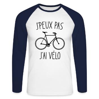J'peux Pas J'ai Vélo, Cycliste, Cyclisme - T-shirt baseball manches longues Homme - blanc/marine - Devant - Nik (191cm)
