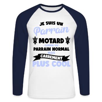 Je Suis Un Parrain Motard, Comme Un Parrain Normal - T-shirt baseball manches longues Homme - blanc/marine - Devant - Nik (191cm)