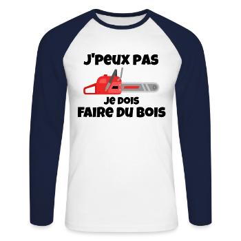 J'peux pas je dois Faire Du Bois Tronçonneuse Bûch - T-shirt baseball manches longues Homme - blanc/marine - Devant - Nik (191cm)