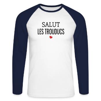 Salut Les Trouducs - T-shirt baseball manches longues Homme - blanc/marine - Devant - Nik (191cm)