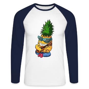 Ananas ukulélé - T-shirt baseball manches longues Homme - blanc/marine - Devant - Nik (191cm)