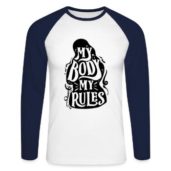 Féminisme Féministe - T-shirt baseball manches longues Homme - blanc/marine - Devant - Nik (191cm)