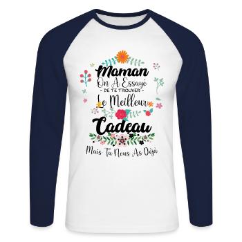 Maman on a essayé de te trouver le meilleur cadeau - T-shirt baseball manches longues Homme - blanc/marine - Devant - Nik (191cm)