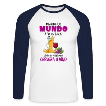 Cuando Tu Mundo Sea Un Caos, Tengo Cerveza Y Vino - T-shirt baseball manches longues Homme - blanc/marine - Devant - Nik (191cm)