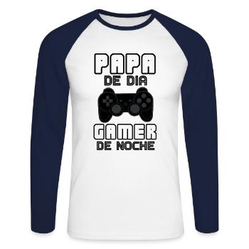 Papa De Dia Gamer De Noche - T-shirt baseball manches longues Homme - blanc/marine - Devant - Nik (191cm)