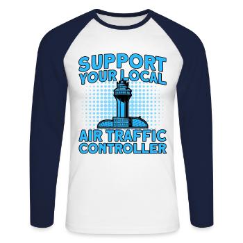 Contrôle de la circulation aérienne Contrôleur de la circulation aérienne Cadeau de l’aéroport - T-shirt baseball manches longues Homme - blanc/marine - Devant - Nik (191cm)