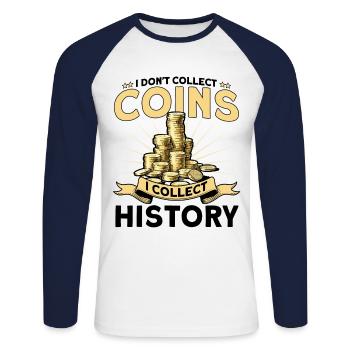 Collection de pièces Je collectionne l’histoire Cadeau - T-shirt baseball manches longues Homme - blanc/marine - Devant - Nik (191cm)