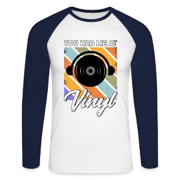 Schallplatte LP-Sammler Schallplattensammler - Unisex Baseballshirt langarm - Weiß/Navy - Vorne - Nik (191cm)