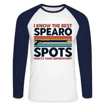 Speerfischer Die besten Speerfischer Spots - Unisex Baseballshirt langarm - Weiß/Navy - Vorne - Nik (191cm)