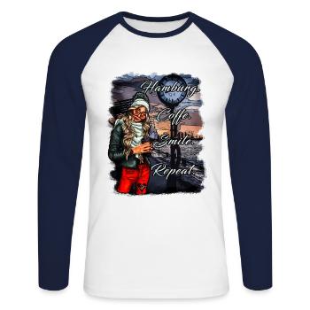 Hamburg Mrs. Coffee Illustration - Unisex Long Sleeve Baseball T-Shirt - white/navy - Front - Nik (191cm)