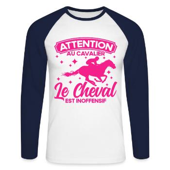 Cadeau Cavalier Cavalier Cheval - T-shirt baseball manches longues Homme - blanc/marine - Devant - Nik (191cm)