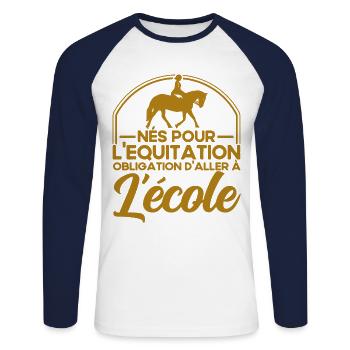 Cadeau de cavalier de cheval - T-shirt baseball manches longues Homme - blanc/marine - Devant - Nik (191cm)