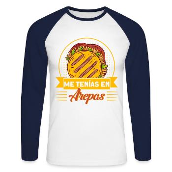 Gourmands vénézuéliens Arepa Gesche - T-shirt baseball manches longues Homme - blanc/marine - Devant - Nik (191cm)
