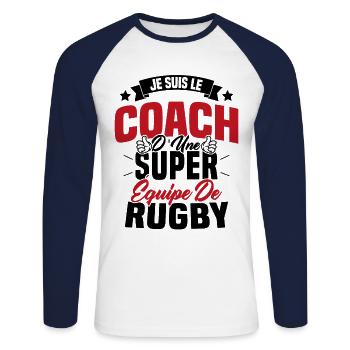 Je suis le coach d'une super équipe de rugby - T-shirt baseball manches longues Homme - blanc/marine - Devant - Nik (191cm)