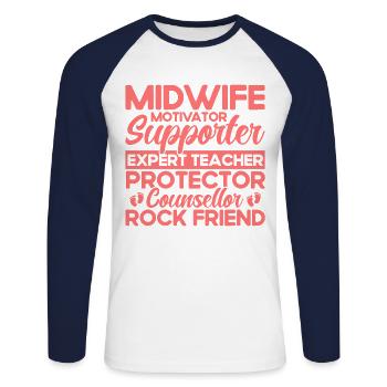 Midwife LD Work Obstetrician Gift - Unisex Long Sleeve Baseball T-Shirt - white/navy - Front - Nik (191cm)