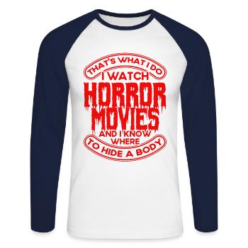 Horror Movie Slasher Movie Creepy Movies Gift - Unisex Long Sleeve Baseball T-Shirt - white/navy - Front - Nik (191cm)