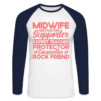 Sage-femme LD Travail Obstétricien Cadeau - T-shirt baseball manches longues Homme - blanc/marine - Devant - Nik (191cm)