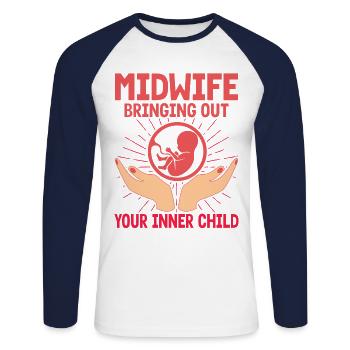 Sage-femme LD Travail Obstétricien Cadeau - T-shirt baseball manches longues Homme - blanc/marine - Devant - Nik (191cm)