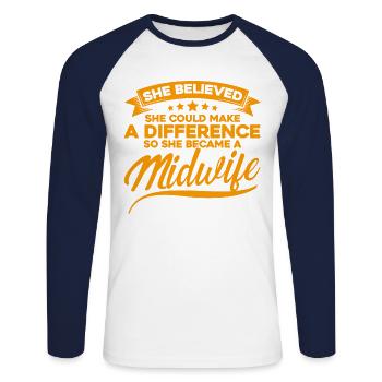 Doula Obstétricien Cadeau - T-shirt baseball manches longues Homme - blanc/marine - Devant - Nik (191cm)