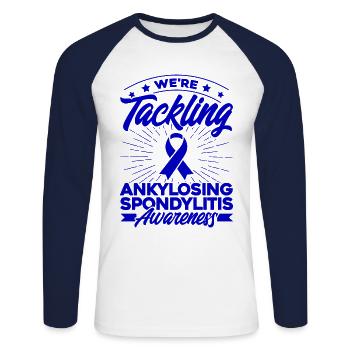 Soutien Blue Ribbon Ankylose Spondylarthrite - T-shirt baseball manches longues Homme - blanc/marine - Devant - Nik (191cm)