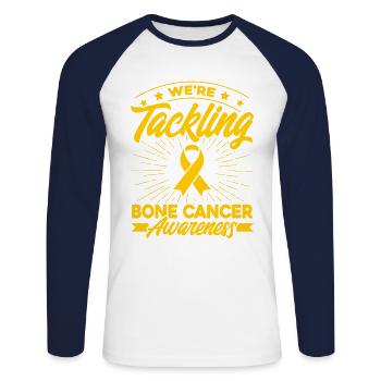 Ruban jaune Cancer des os Soutien Cancer des os - T-shirt baseball manches longues Homme - blanc/marine - Devant - Nik (191cm)
