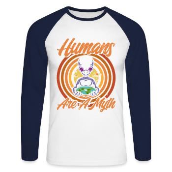Humans are a myth alien gift - Unisex Long Sleeve Baseball T-Shirt - white/navy - Front - Nik (191cm)