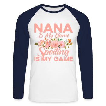 Grandma is my name Pampering is my game Grandma Ges - Unisex Long Sleeve Baseball T-Shirt - white/navy - Front - Nik (191cm)