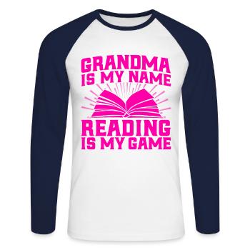 Grand-mère est mon nom Lire est mon jeu Lire un livre - T-shirt baseball manches longues Homme - blanc/marine - Devant - Nik (191cm)
