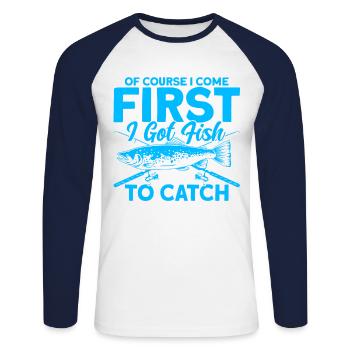 First I need to catch fish fishing gift - Unisex Long Sleeve Baseball T-Shirt - white/navy - Front - Nik (191cm)