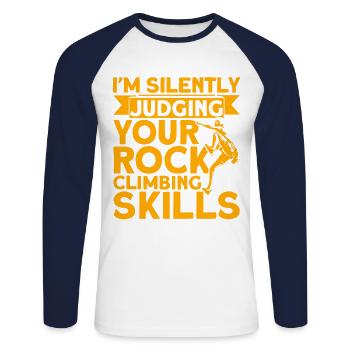Ich beurteile deine Kletterfähigkeiten Felskletter - Unisex Baseballshirt langarm - Weiß/Navy - Vorne - Nik (191cm)
