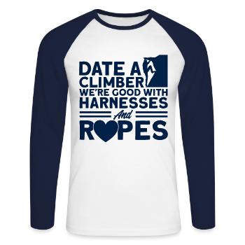 Kletterer kann gut mit Seilen umgehen Felsklettern - Unisex Baseballshirt langarm - Weiß/Navy - Vorne - Nik (191cm)