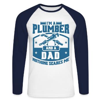 Plombier et père Rien ne me fait peur Klem - T-shirt baseball manches longues Homme - blanc/marine - Devant - Nik (191cm)