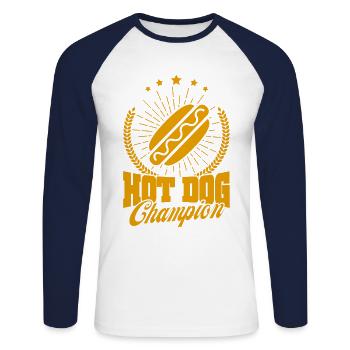 Hot Dog Champion Hot Dog Geschenk - Unisex Baseballshirt langarm - Weiß/Navy - Vorne - Nik (191cm)