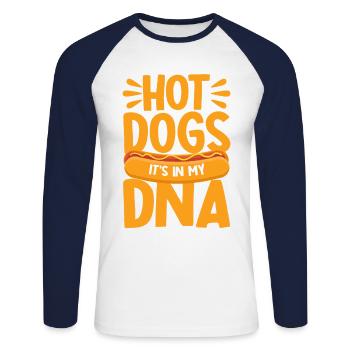 Hot Dogs sind in meiner DNA Hot Dog Geschenk - Unisex Baseballshirt langarm - Weiß/Navy - Vorne - Nik (191cm)