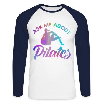 Pilates Posez-moi des questions sur Cadeau Pilates - T-shirt baseball manches longues Homme - blanc/marine - Devant - Nik (191cm)