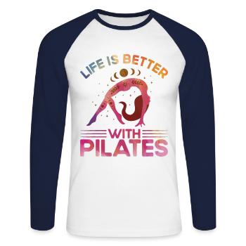 Pilates La vie est meilleure avec le cadeau Pilates - T-shirt baseball manches longues Homme - blanc/marine - Devant - Nik (191cm)