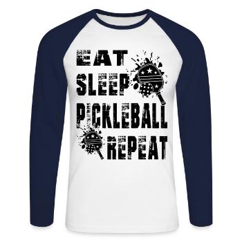 "Pickleball T-Shirt" 2 - T-shirt baseball manches longues Homme - blanc/marine - Devant - Nik (191cm)