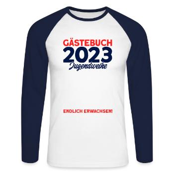 Gästebuch 2023 Jugendweihe Endlich Erwachsen! Gesc - Unisex Baseballshirt langarm - Weiß/Navy - Vorne - Nik (191cm)