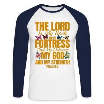 Religious Inspirational Bible Verse Gift - Unisex Long Sleeve Baseball T-Shirt - white/navy - Front - Nik (191cm)