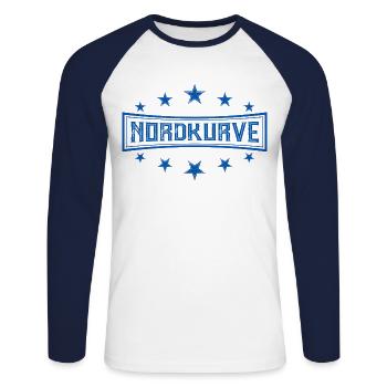 NORDKURVE - FUSSBALLFANS - STADION - FUSSBALLSPIEL - Unisex Baseballshirt langarm - Weiß/Navy - Vorne - Nik (191cm)