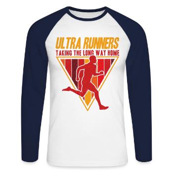 Coureur d’ultramarathon Ultramarathon Trail Running Ges - T-shirt baseball manches longues Homme - blanc/marine - Devant - Nik (191cm)