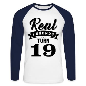Real legends turn 19, 19 birthday - Unisex Long Sleeve Baseball T-Shirt - white/navy - Front - Nik (191cm)