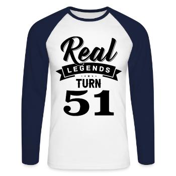 Real Legends Turn 51, 51 Birthday - Unisex Long Sleeve Baseball T-Shirt - white/navy - Front - Nik (191cm)