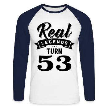 Real Legends fête ses 53 ans, 53 ans - T-shirt baseball manches longues Homme - blanc/marine - Devant - Nik (191cm)