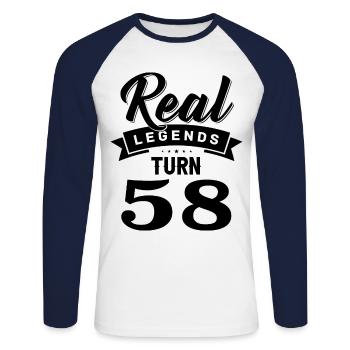 Real Legends Turn 58, 58 Birthday - Unisex Long Sleeve Baseball T-Shirt - white/navy - Front - Nik (191cm)
